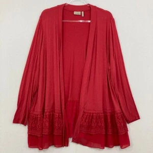 LOGO Lori Goldstein size 2X Red Stretch Knit Lace Hem Open Front Light Jacket - Picture 1 of 10