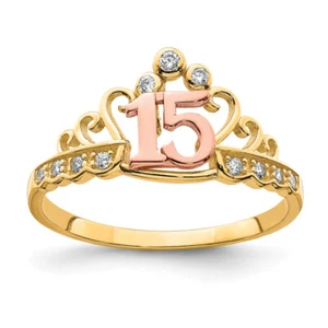 10K Solid Two Tone Gold CZ 15 Royal Princess Crown Ring - Picture 1 of 11