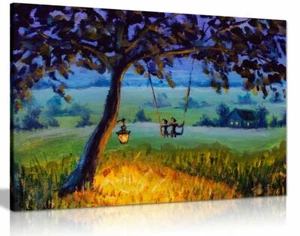 Rustic Landsacpe Children On Swing Painting Canvas Wall Art Picture Print - Picture 1 of 1