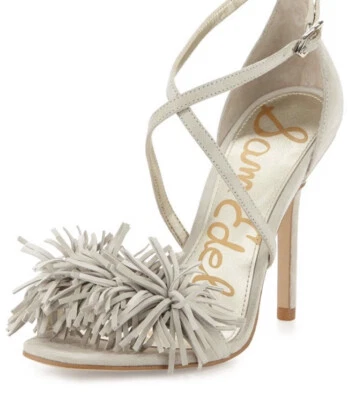 SAM EDELMAN - Aisha - Light Grey Suede Fringe Tassel Sandal Heels - 6 - Imagem 1 de 4