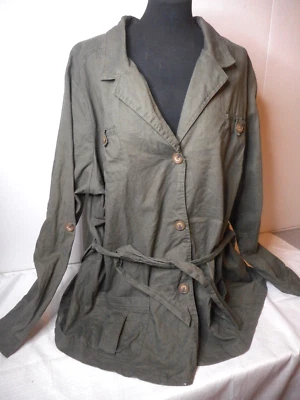 Laura Scott Top Over Jacket Women Plus 20/22W Belted Green Linen Belt Adj Sleeve - Image 1 of 4