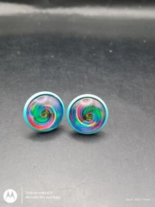 Handmade Turquoise Tone Stud Earrings With Multicolour Swirls Cabochons - Picture 1 of 2