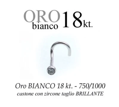 Piercing naso nose ORO BIANCO 750 18kt con ZIRCONE swarovski clear BRILLANTE new - Immagine 1 di 4