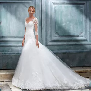 Elegant Mermaid Wedding Dresses 3/4 Sleeves Applique V-Neck Tulle Bridal Gowns - Picture 1 of 8