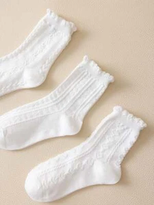 3pairs Solid White Crew Socks with Texture Socks for Women Cute Socks Novelty - Picture 1 of 3