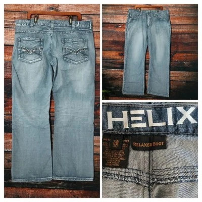 Helix Jeans Mens 38X30 Vintage Y2K Relaxed Boot Cut Stone Washed Studded Cotton - Image 1 of 4