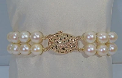 2 hilos de oro amarillo de 14K de 8 mm. Pulsera japonesa de perlas cultivadas Akoya Foto 1 de 4