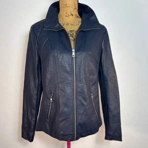 Style & Co Faux Leather Jacket Moto Full Zip Ribbed Knit Trim Blue L - Picture 1 of 5