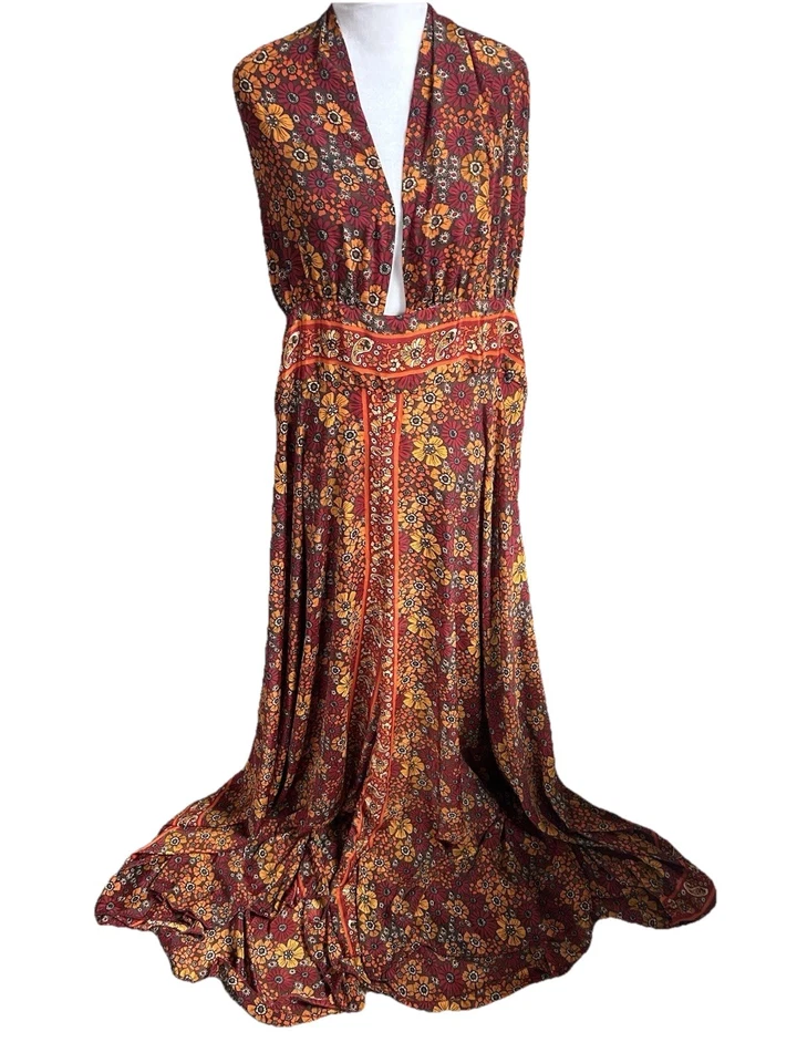 Garden Belle Shop Mono de Seda Festival 3XL Pierna Ancha Halter Hippie Floral Usado en Excelente Condición Foto 1 de 4