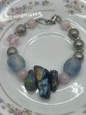 Handmade Beaded Bracelet Peacock Quartz, Rose Quartz, Recycled African Glass - Image 1 of 4