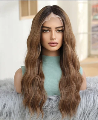 Pelucas enraizadas marrón medio 13X6 pulgadas frente encaje mezcla cabello humano calor OK Foto 1 de 4