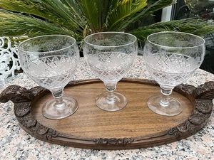 THREE C1830 Large 6” OGEE CUT GLASS RUMMERS GOBLETS DIAMOND GRAPEVINE ENGRAVING - Picture 1 of 9