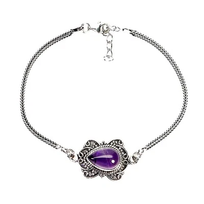 925 Sterling Silver Bracelet Pear Amethyst 12x8mm Gemstone Jewelry 8inches - Image 1 of 4