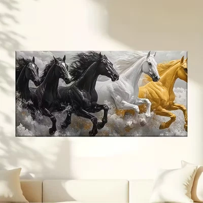 Vivid Running Horses in Black White & Gold Unframed Canvas Painting for Living - Image 1 of 4