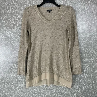 The Limited Beige Sequin Chiffon Hem Open Knit Sweater - Size Small - V-Neck - Image 1 of 4