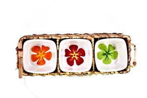 Tiki Hibiscus Condiment Server,3 Square Bowls,Palm Leaf Holder,Hibiscus Flowers - Picture 1 of 2