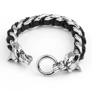 2020 Men Curb Chain Top Black Leather Bracelet Stainless steel fox Locking 8.66' - Picture 1 of 5