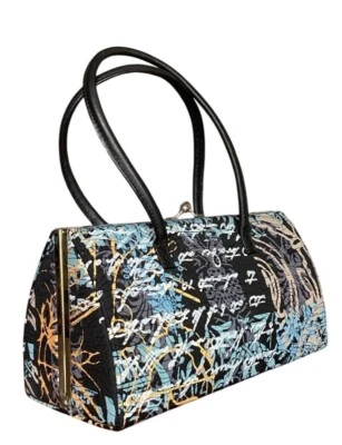 Kristin Lee Designs Walter Knabe 盒式手提包钱包黑色和蓝色抽象印花 — 第 1/4 张图片