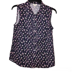 Talbots Petite Flamingo Button Front Sleeveless Tank Top Navy Pink Small P - Picture 1 of 5