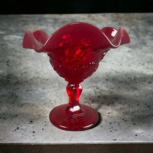 VINTAGE Ruby Red Glass Pedestal Ruffled Compote Candy Dish - Picture 1 of 9