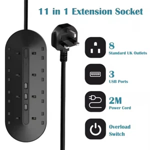 UK 8 Outlets 13A Multi-functional Power Strip with 3 USB Ports and Switch - Picture 1 of 10
