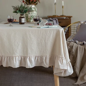 Retro Farmhouse Ruffle Tablecloth Cotton Flounces Trim Table Cover for Rectangle - Picture 1 of 12