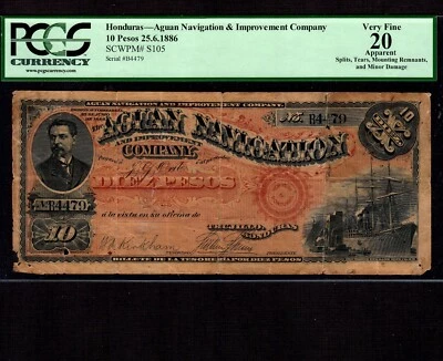 Honduras 10 Pesos 1886 P-S105 * PCGS VF 20 apparent * Rare * - Image 1 of 2