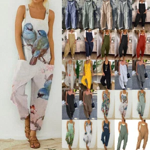 Damen Leinen Latzhose Jumpsuit Baumwolle Overalls Einteiler Hosenanzug Romper DE - Bild 1 von 80
