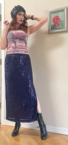 Vtg Blue Iridescent Silk Sequin Deco Straight Long midi skirt 8 - Picture 1 of 12
