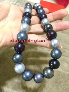 AAAAA 17"12-15mm REAL Tahitian multicolor gray black pearl necklace 14K GOLD - Picture 1 of 7