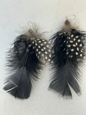 Bohemian Black Feather Earrings with Guinea Fowl Accents - Image 1 of 3