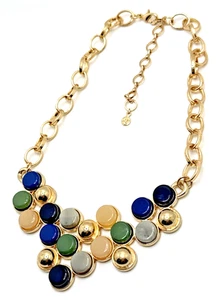 Ann Taylor LOFT Bib Necklace Multi Color Cabochons Gold Tone Statement 16" - 20" - Picture 1 of 10