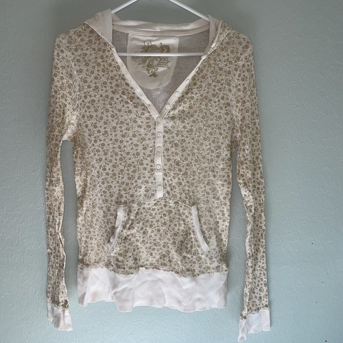 OFF WHITE Felpa termica Henley aderente vintage Y2K LEI marrone crema micro floreale XXL