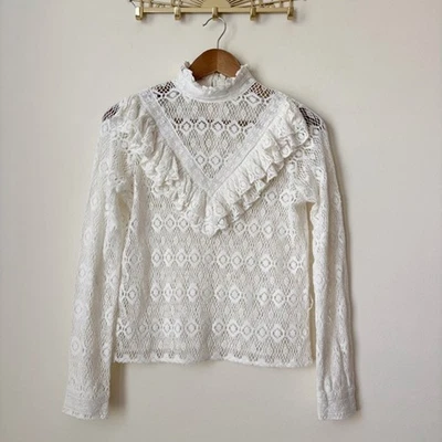 MAJE Limba Crochet Lace Blouse Small High Neck Ruffle Ecru - Image 1 of 4