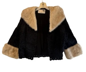 Chaqueta bolero tejida cinta negra vintage de los años 50 cuello y puños de piel de visón marrón - Imagen 1 de 6