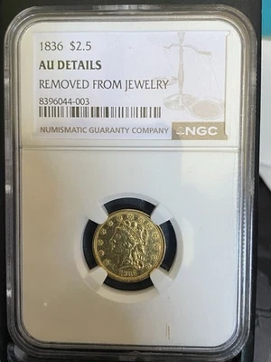 Cuarto de águila cabeza clásica de oro de $2,50 de 1836 AU Foto 1 de 4