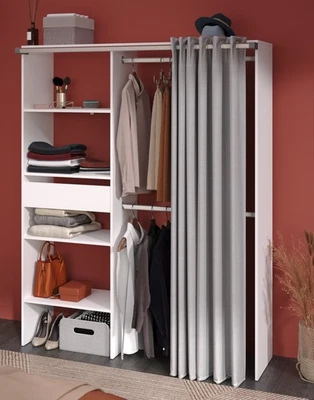 Parisot Kleiderschrank Bari 1 – Weiß 143x182 cm mit Stoffvorhang & Schublade - Bild 1 von 4