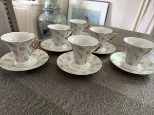 Set Of 6 Italian Design 2oz Espresso Cups With Saucer silver Gold Fine Porcelain - Picture 1 of 10