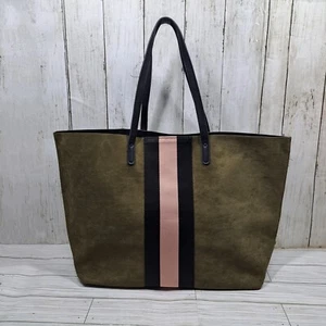 Neiman Marcus XL Olive Green Velvet Pink Black Stripe Open Top Shoulder Tote Bag - Picture 1 of 7