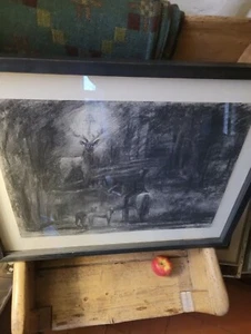 Cuadro de carbón firmado por Susannah Royle Steustace y el ciervo arte monocromático - Imagen 1 de 5