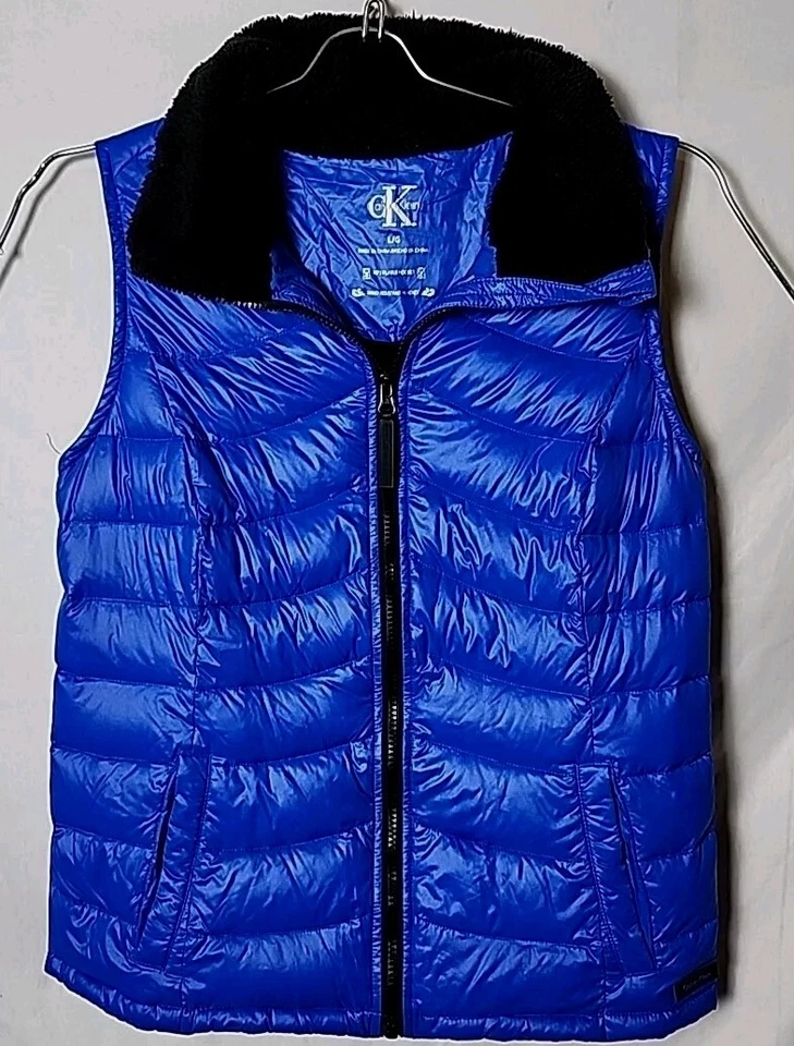 Chaleco Calvin Klein Mujer L Plumón Azul Tapeta Resistente al Viento Exterior Cuello Esponjoso Foto 1 de 4