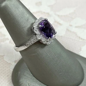 Sterling Silver & Simulant Amethyst Ring with Scalloped Halo, Vintage, Estate - Picture 1 of 9