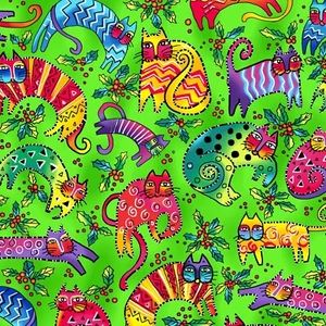 Laurel Burch Enchantment Cat Toss Green Christmas Fabric By the FQ - 1/4 YD - Picture 1 of 6