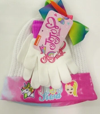 Girls JoJo Siwa 3 Piece White Pink Hat Glove Set One Size NEW - Image 1 of 3