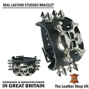 Skull & Spike Mix 100% Real Leather Handmade Wristband Bracelet Made In England - Picture 1 of 1