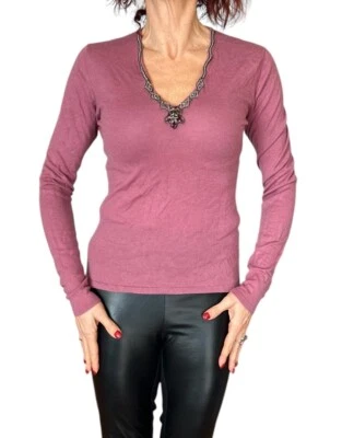 MUJER ELIE TAHARI CACHEMIR PÚRPURA SUÉTER JERSEY CUELLO EN V JOYAS DIAMANTES DE IMITACIÓN M Foto 1 de 4