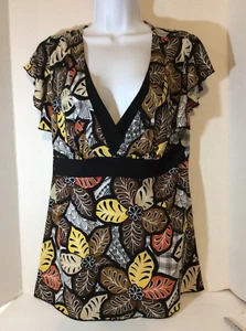 Kim Rogers Size XL Blouse Earth Tones Flutter Sleeves V-Neck Polyester Spandex - Picture 1 of 5