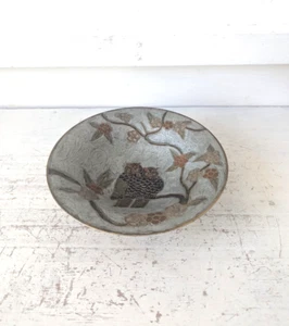 Vintage Indischer Messing Cloisonne Emaille Teller / Schale Eule Design Vogel - Bild 1 von 8