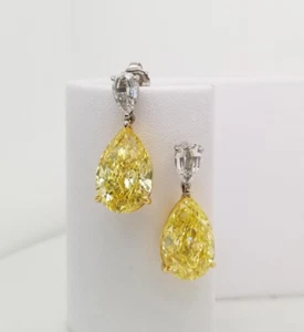 Pear Shape Fancy Intense Yellow & White 7.78CT Lab-Created Diamonds Drop Earring - Picture 1 of 6