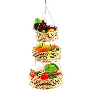 3 Tier Hanging Woven Basket Vegetable Fruit Basket Kitchen Woven Organizer Decor - Picture 1 of 10
